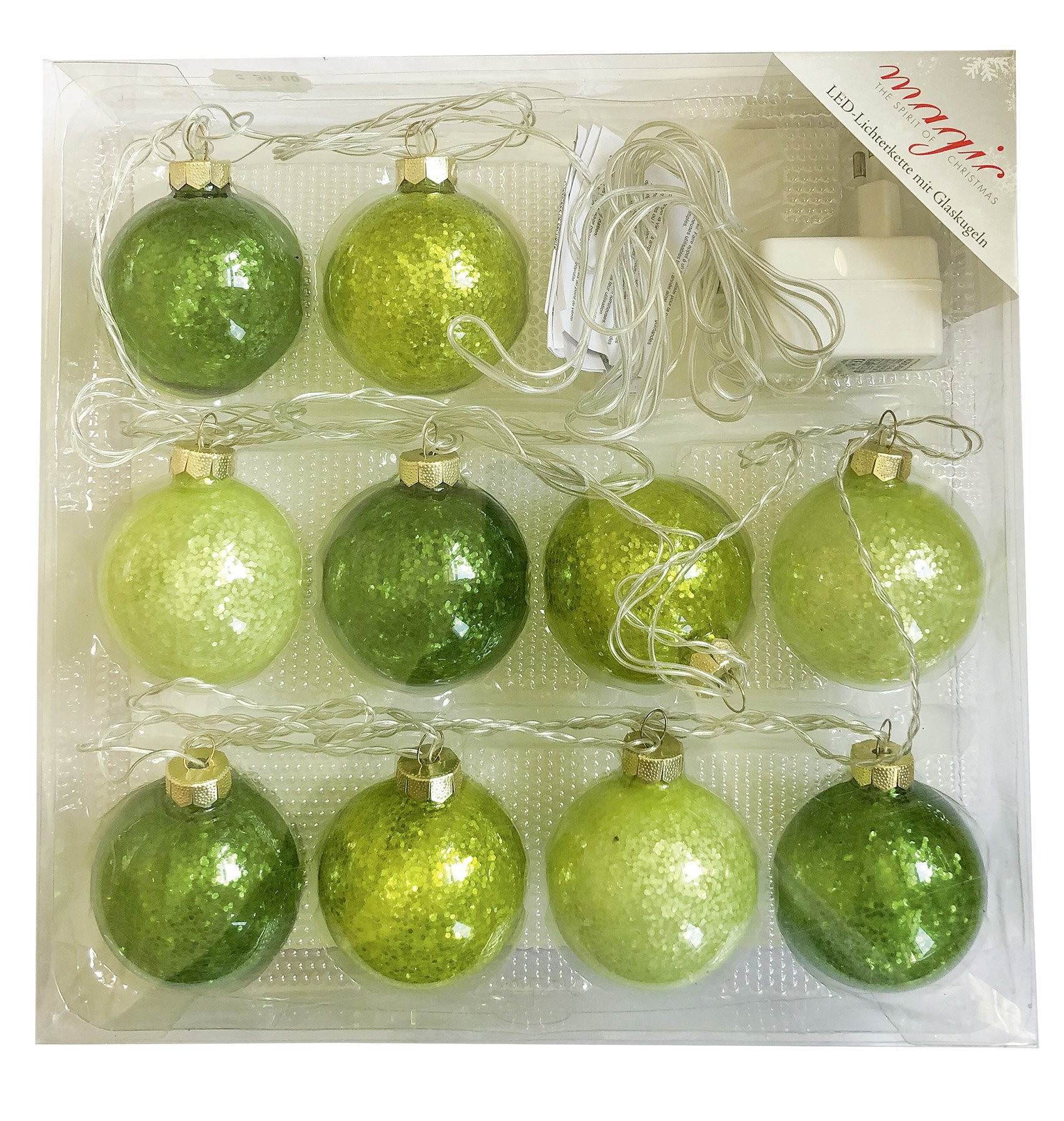 Christbaumschmuck, Kugel-Set 10 Stk., grün, Glas, mit LED-Beleuchtung